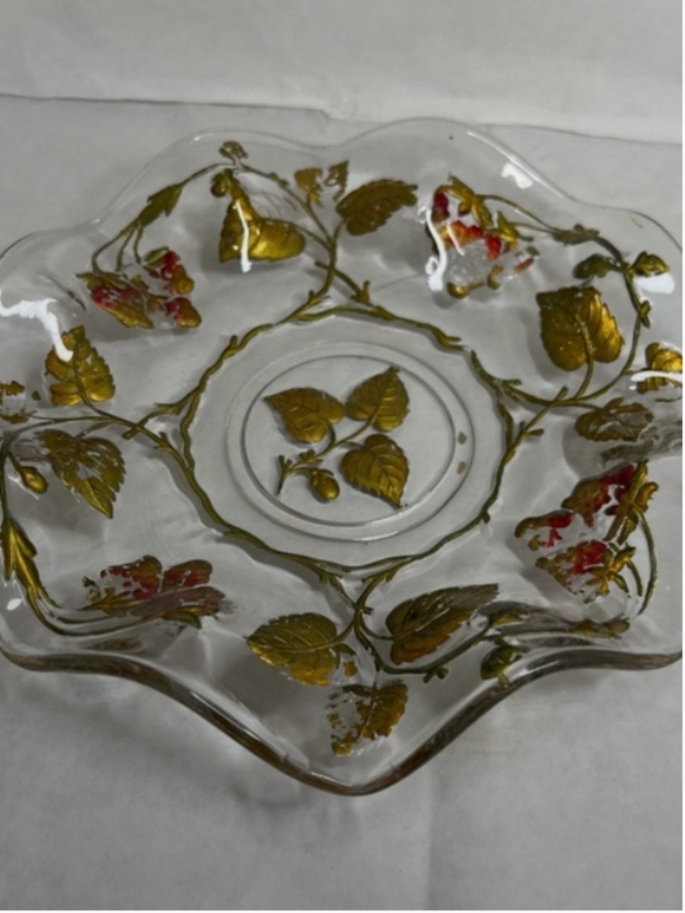 Antique Goofus Glass Ruffled Edge Bowl 7” Gold Leaf And Red Berries RARE